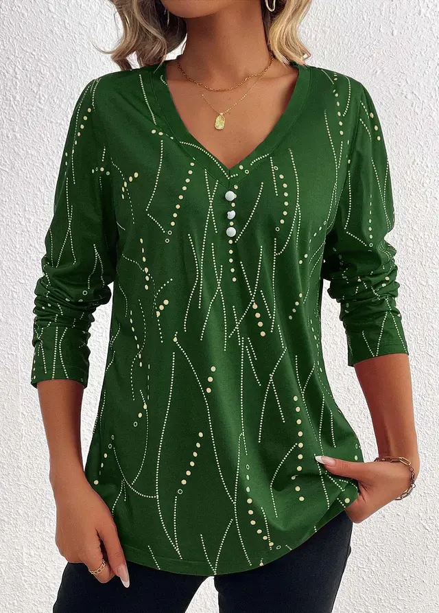 Casual Button Geometric Printed Long sleeved T shirt Green - Shop at LoveMi