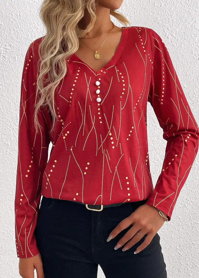 Casual Button Geometric Printed Long sleeved T shirt Red - Shop at LoveMi