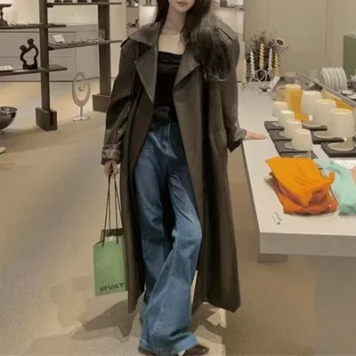 Heavy Industry Leather Coat Mid length Design Windbreaker Coat Brown - Shop at LoveMi