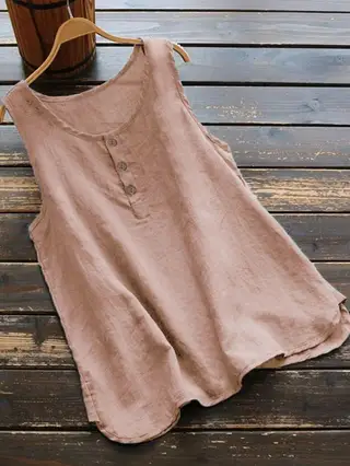 Solid Color Round Neck Loose Casual Vest Cotton Linen Shirt Women - Pink