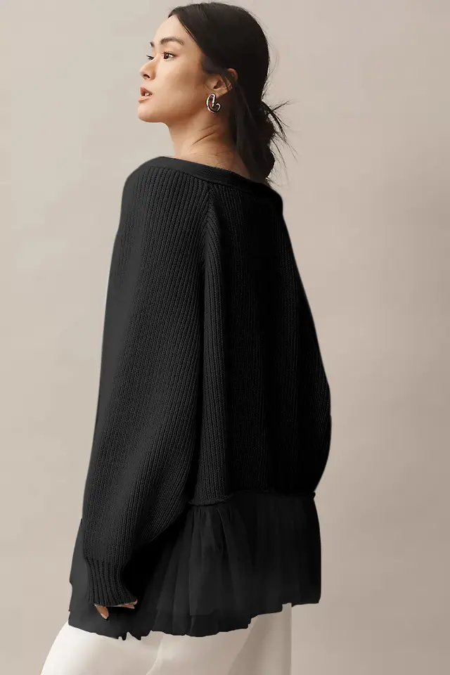 Ruffled Gauze Knitting Sweater Cardigan Long Sleeve Black - Shop at LoveMi