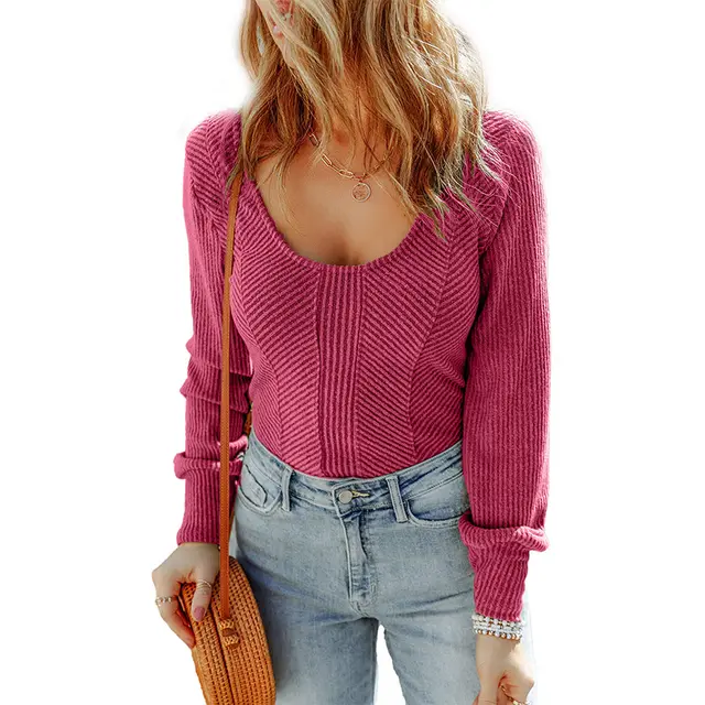 European And American Thin Casual Simple Solid Color Sweater Rose Red - Shop at LoveMi