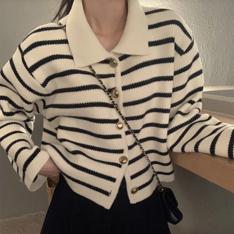 South Korea Chic Winter Retro Anti aging Lapel Contrast Color Striped Jacquard Metal Button Long Sleeve Knitted Sweater Coat - Shop at LoveMi