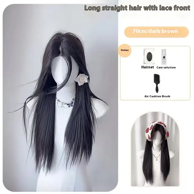 Temperament Natural Center parted Bangs Forehead Lace Full Head Wig Dark Brown 2 - Shop at LoveMi