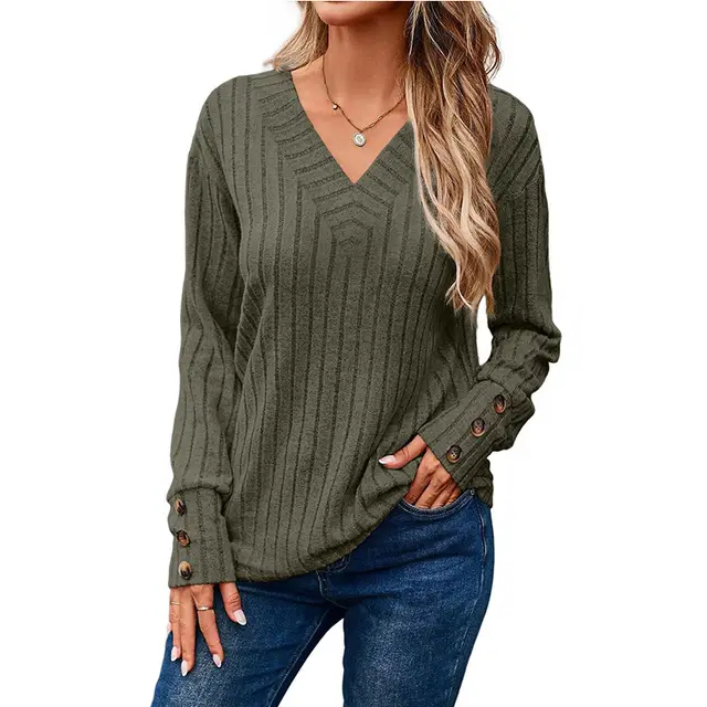 Women's Long Sleeve V neck Shirt Solid Color Buttons Army Green - Shop at LoveMi
