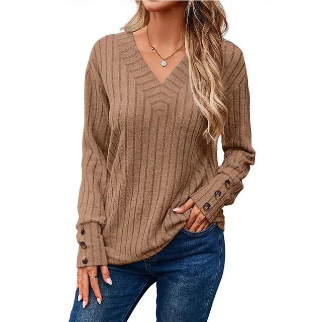 Women's Long Sleeve V neck Shirt Solid Color Buttons Brown - Shop at LoveMi