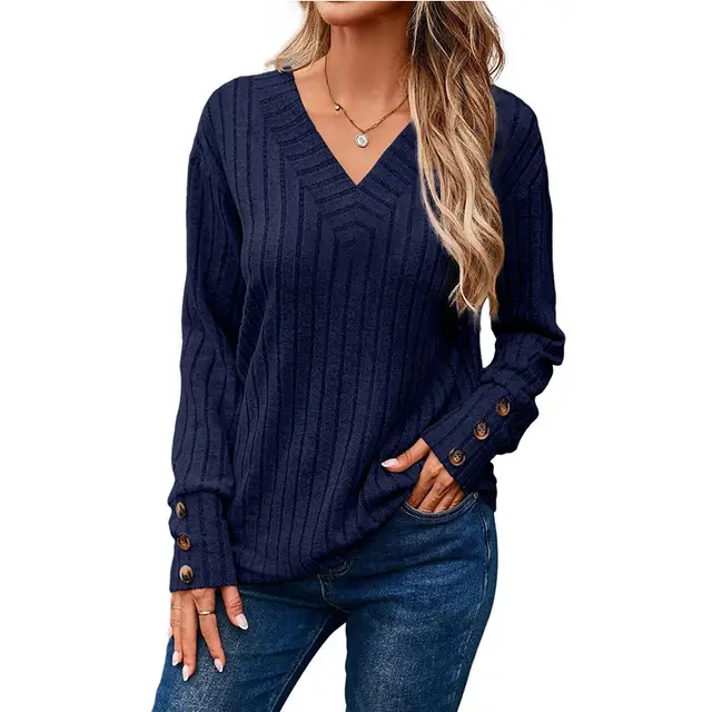 Women's Long Sleeve V neck Shirt Solid Color Buttons Navy Blue - Shop at LoveMi