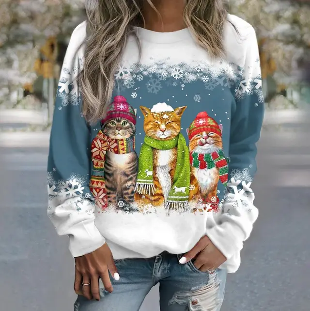 Cross border Women's Christmas New Snowman And Cat Printed Long Sleeve Casual Loose fitting T shirt Christmas Supplies Blue - Shop at LoveMi
