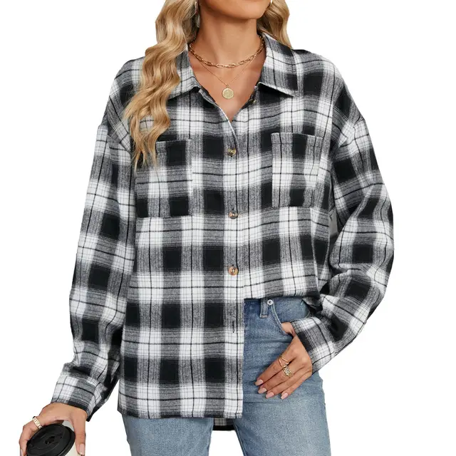 Lapel Plaid Contrast Color Striped Long Sleeve Shirt Coat Black And White - Shop at LoveMi