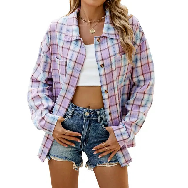 Lapel Plaid Contrast Color Striped Long Sleeve Shirt Coat Pink Purple - Shop at LoveMi