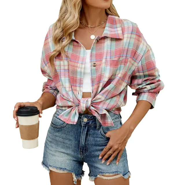 Lapel Plaid Contrast Color Striped Long Sleeve Shirt Coat Pink - Shop at LoveMi