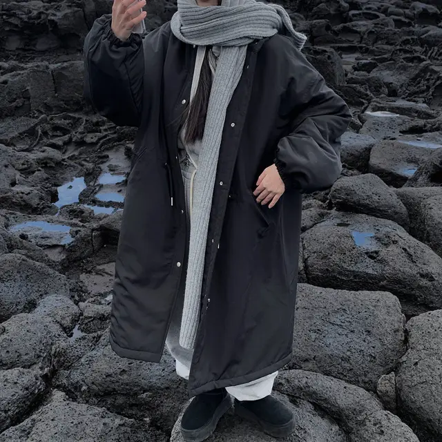 Winter Comfortable Workwear Parker Loose Large Drawstring Stand Collar Cotton padded Jacket Black - Shop at LoveMi