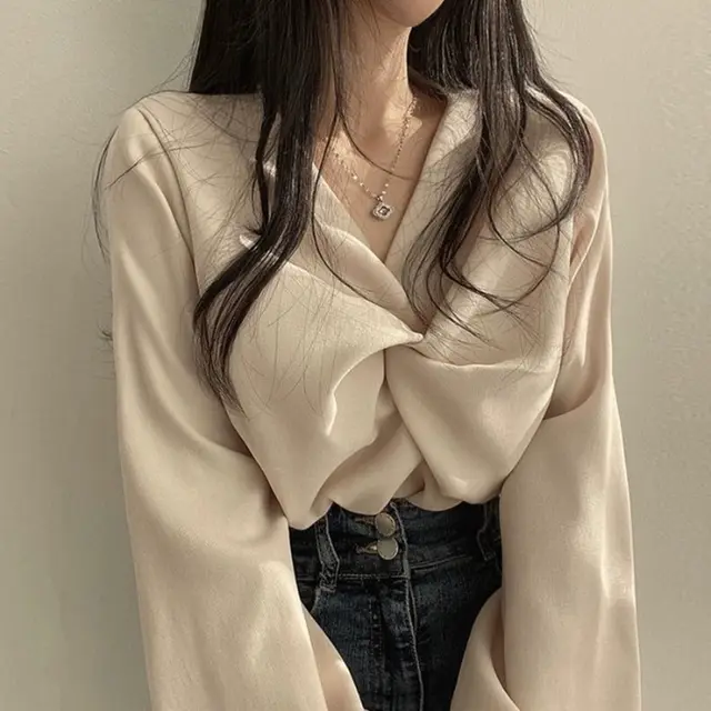 Pleated V neck Twist Design Loose Casual Solid Color Long Sleeve Apricot - Shop at LoveMi