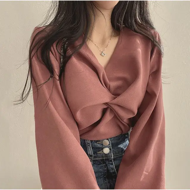Pleated V neck Twist Design Loose Casual Solid Color Long Sleeve Dark Pink - Shop at LoveMi