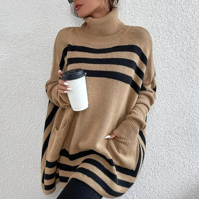 Turtleneck Striped Batwing Sleeve Cape And Shawl Sweater Coat Khaki - Shop at LoveMi
