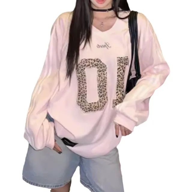 Leopard Print Letter Long sleeved Sweater Sports Retro Style Loose Top Pink - Shop at LoveMi