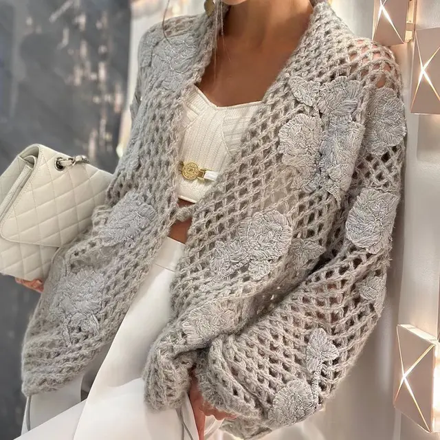 Hollow out Hand knitted Three dimensional Crocheted Sweater Light Gray - Shop at LoveMi