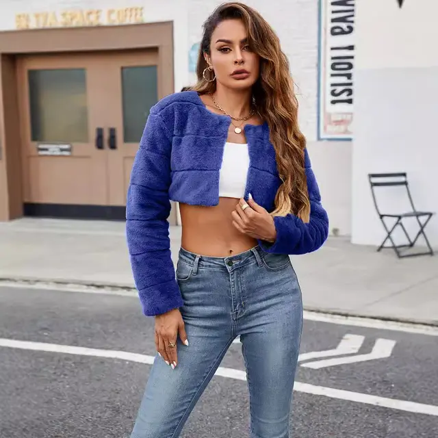 Women's Collarless Ultra short Imitation Fur Coat Top Blue - Shop at LoveMi