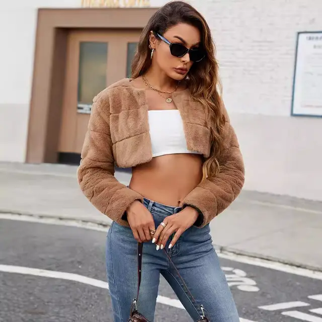 Women's Collarless Ultra short Imitation Fur Coat Top Khaki - Shop at LoveMi