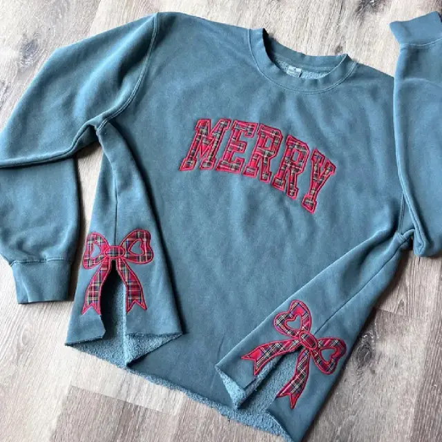 Men And Women Christmas Bowknot Elements Embroidered Sweater Blue - Shop at LoveMi