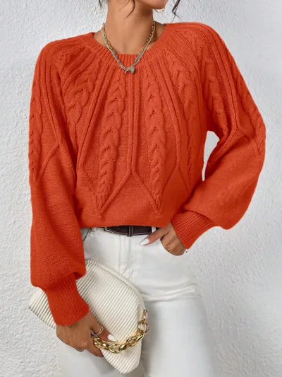 Round Neck Knitted Sweater Female Twist Thread Solid Color Versatile Casual Top Orange Red - Shop at LoveMi