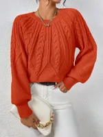 Round Neck Knitted Sweater Female Twist Thread Solid Color Versatile Casual Top - Orange Red - View 1
