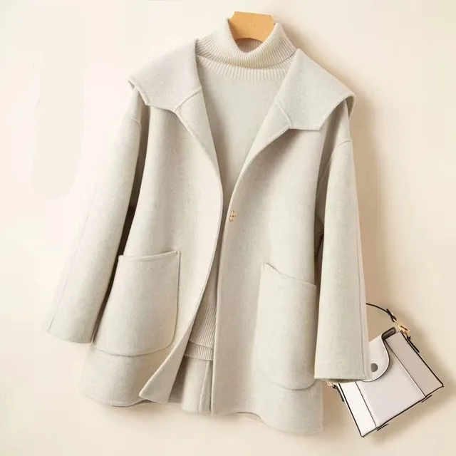 Sailor Collar Loose Plus Size Reversible Cashmere Coat Mixed Beige - Shop at LoveMi
