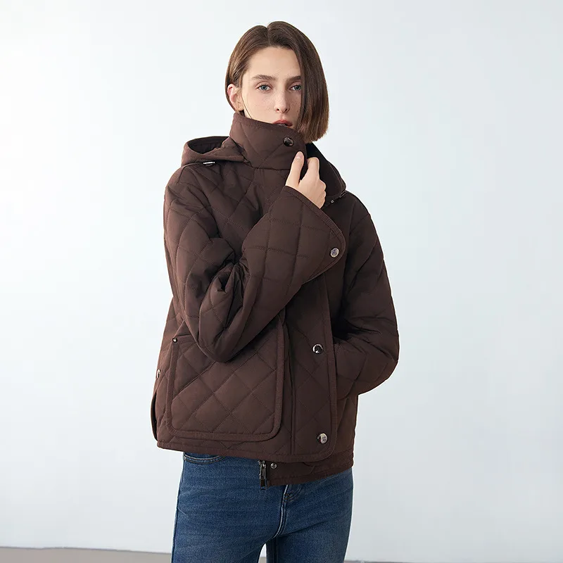 Retro Diamond Plaid High Sense Cotton Coat Jacket - Chocolate