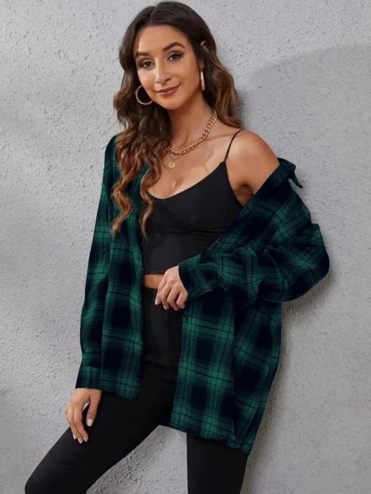 Women's Fashion Plaid Cardigan Loose Shirt Dark Green - Shop at LoveMi