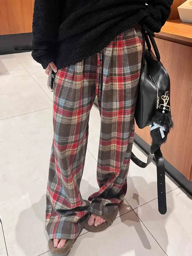 Autumn And Winter Leisure Plaid Wide leg Trousers Red Plaid Pants - Shop at LoveMi