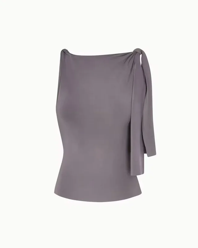 Slim fit Slimming Asymmetric Crossbody Ribbon Vest Gray Top - Shop at LoveMi