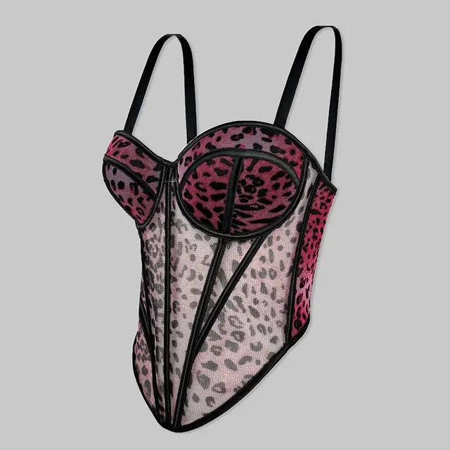 Women's Fashion Personality Mesh Leopard Print Corset Rose Red - Shop at LoveMi