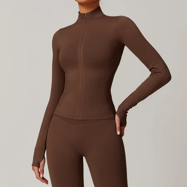 Stand Collar Zipper Yoga Clothes Warm Top Sports Running Jacket Brown - Shop at LoveMi