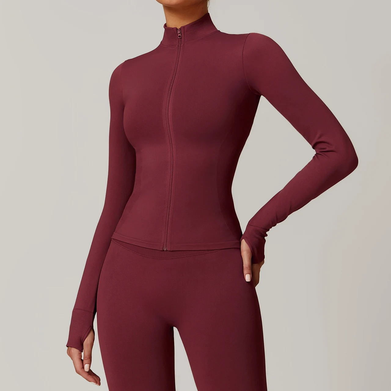 Stand Collar Zipper Yoga Clothes Warm Top Sports Running Jacket - Cherry Red