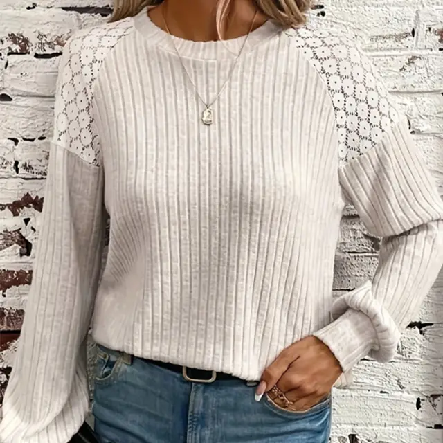Comfort And Casual Lace Stitching Solid Color Pullover Long Sleeve Top White - Shop at LoveMi