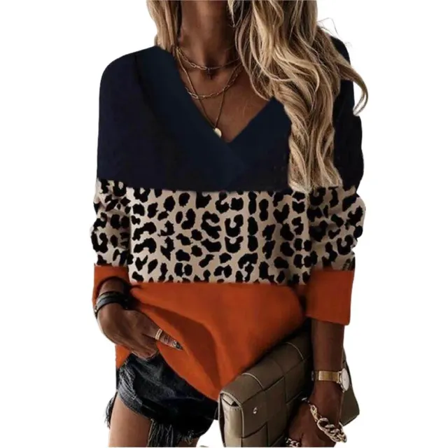 V neck Leopard Print Splicing Long Sleeve Sweatshirt Tops Orange - Shop at LoveMi