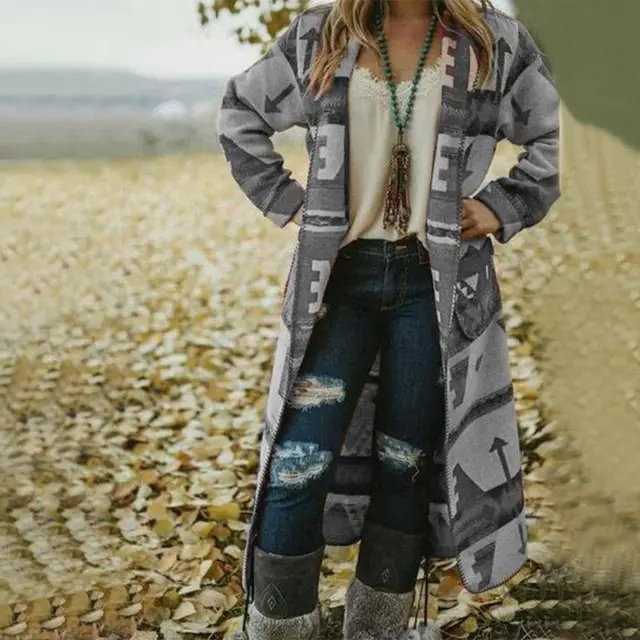 Slim Top Cross border Long Sleeve Printed Long Coat Gray - Shop at LoveMi