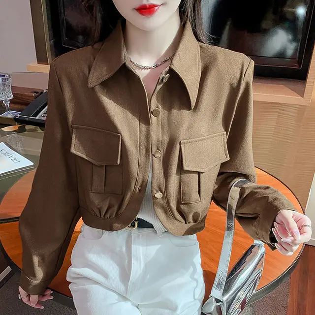High end Short Long Sleeve All match Slimming And Short Sweet Top Khaki - Shop at LoveMi