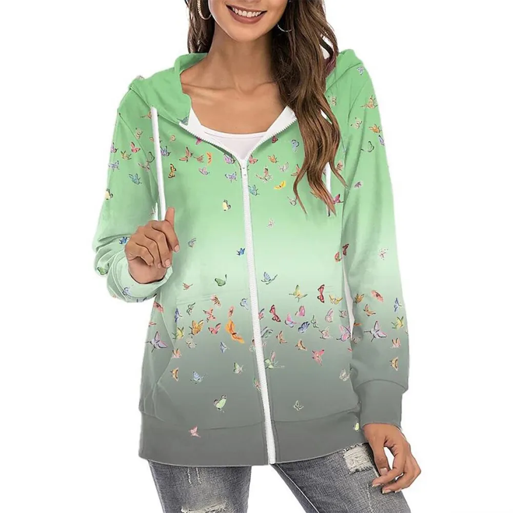 Women's Printed Hoodie Zipper Commuter Gradient Coat - Green Gradient