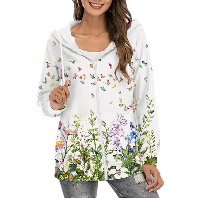 Women's Printed Hoodie Zipper Commuter Gradient Coat White - Shop at LoveMi