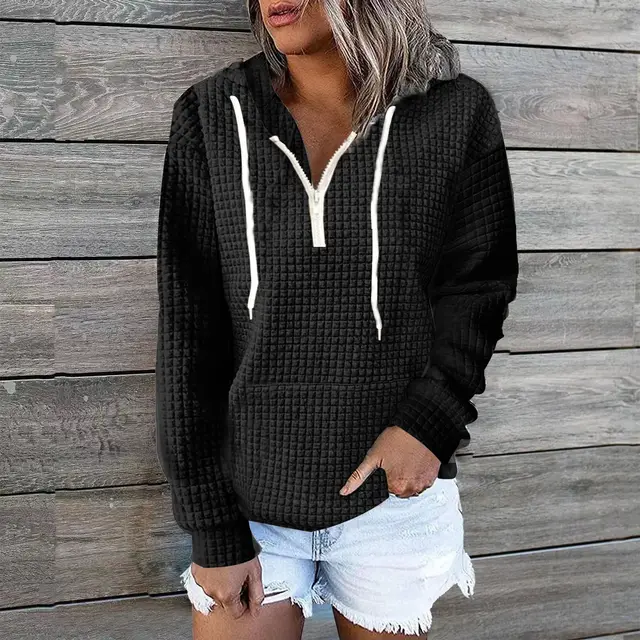 Women's Waffle Hoodie Sweater Coat Black - Shop at LoveMi
