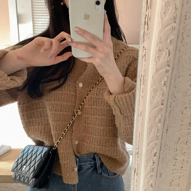 Round Neck Texture Woven Design Loose Long Sleeve Short Knitted Sweater Khaki - Shop at LoveMi