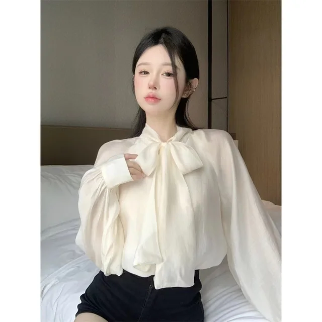 Autumn French Style Temperament Tie Bow Loose And Stylish Long Sleeves Beige - Shop at LoveMi