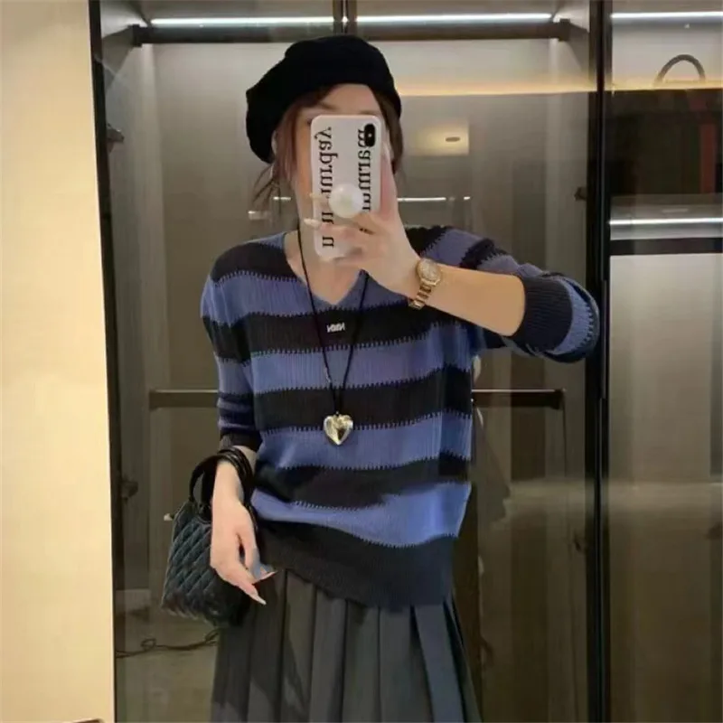 V neck Needle Autumn New Striped Color Matching Long Sleeve Sweater Inner Bottoming Shirt Women Blue - Shop at LoveMi