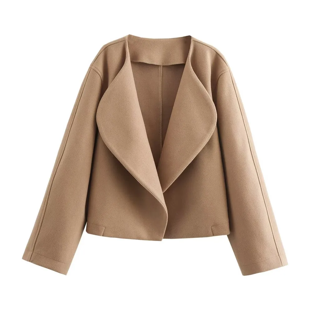 European And American Leisure Autumn And Winter Solid Color Lapel Double-sided Woolen Cardigan Coat - Khaki