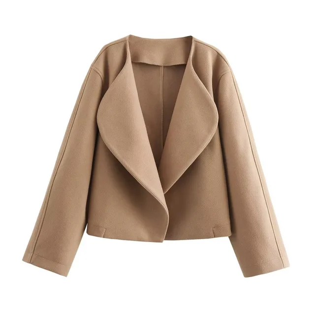 European And American Leisure Autumn And Winter Solid Color Lapel Double sided Woolen Cardigan Coat Khaki - Shop at LoveMi