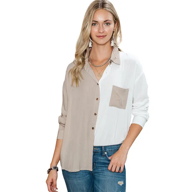 Single Breasted Autumn Fashion Contrasting Lapel Trendy Long Sleeved Women's Shirt Khaki - Shop at LoveMi