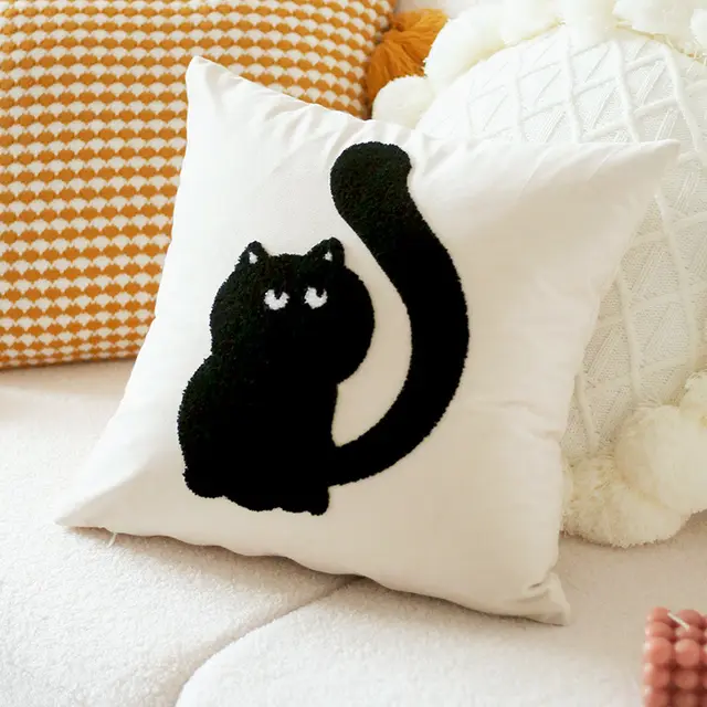 Original Design Modern Minimalist Cat Embroidered Cushion Square Black Cat - Shop at LoveMi