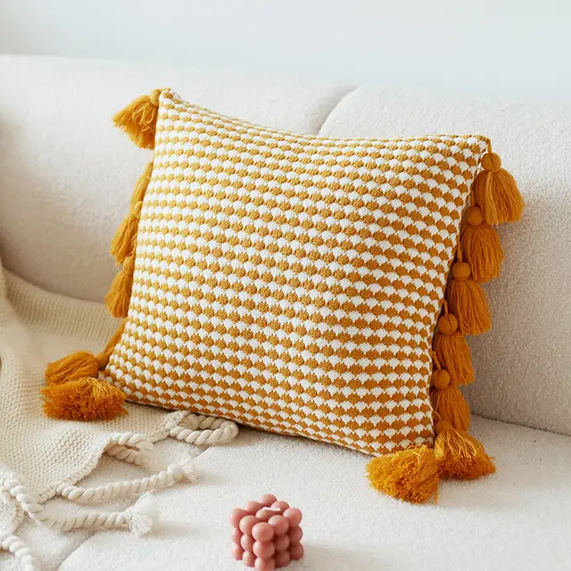 Original Design Modern Minimalist Cat Embroidered Cushion Tassel Knitted Yellow Dots - Shop at LoveMi