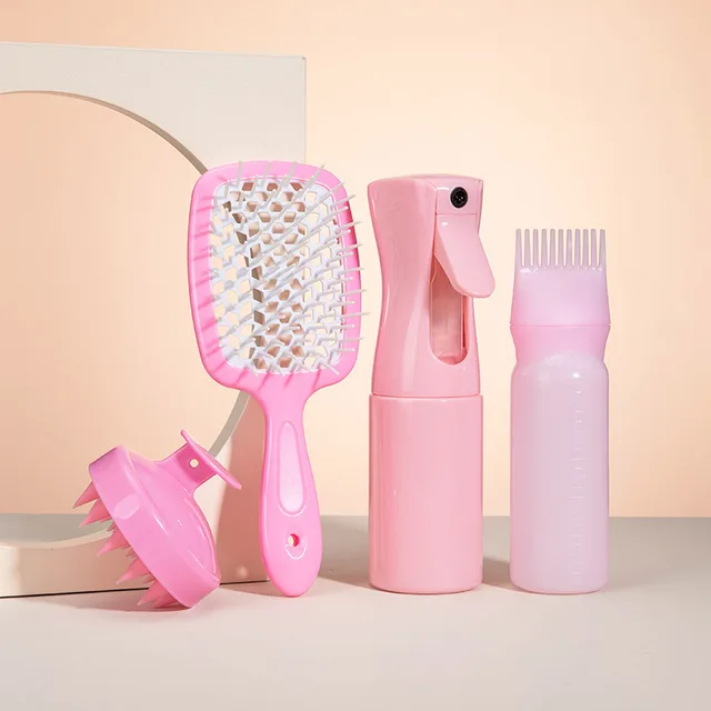 High Pressure Spray Bottle Cleaning Silicone Shampoo Brush Hollow Comb Hair Care Hair Dyeing Comb Suit Pink - Shop at LoveMi